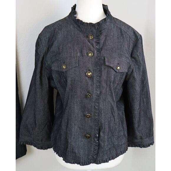 Sandro Sportswear Denim Pant Suit Womens Large Dark Wash Ruffle Wide Leg Cotton - Picture 2 of 8